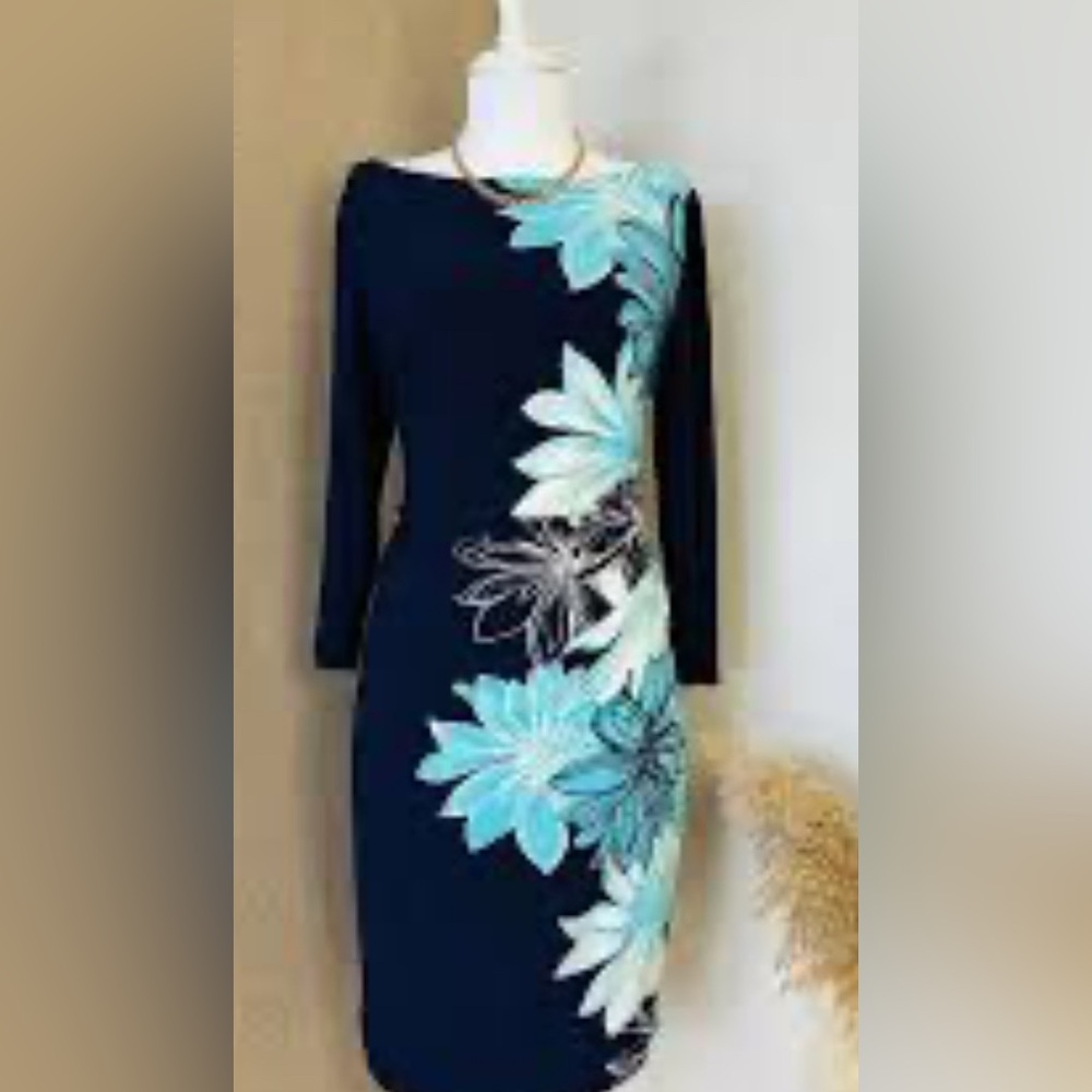 Chaps Blue Sheath Dress with Bateau Neckline M